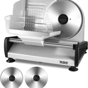 YASHE SL-518 Cortadora de Fiambre - Cortafiambres Eléctrico 250W con Grosor Ajustable de 0 a 15mm, 2 Cuchillas de Acero Inoxidable Removibles de 19cm, Bloqueo de Seguridad y Pies de Succión